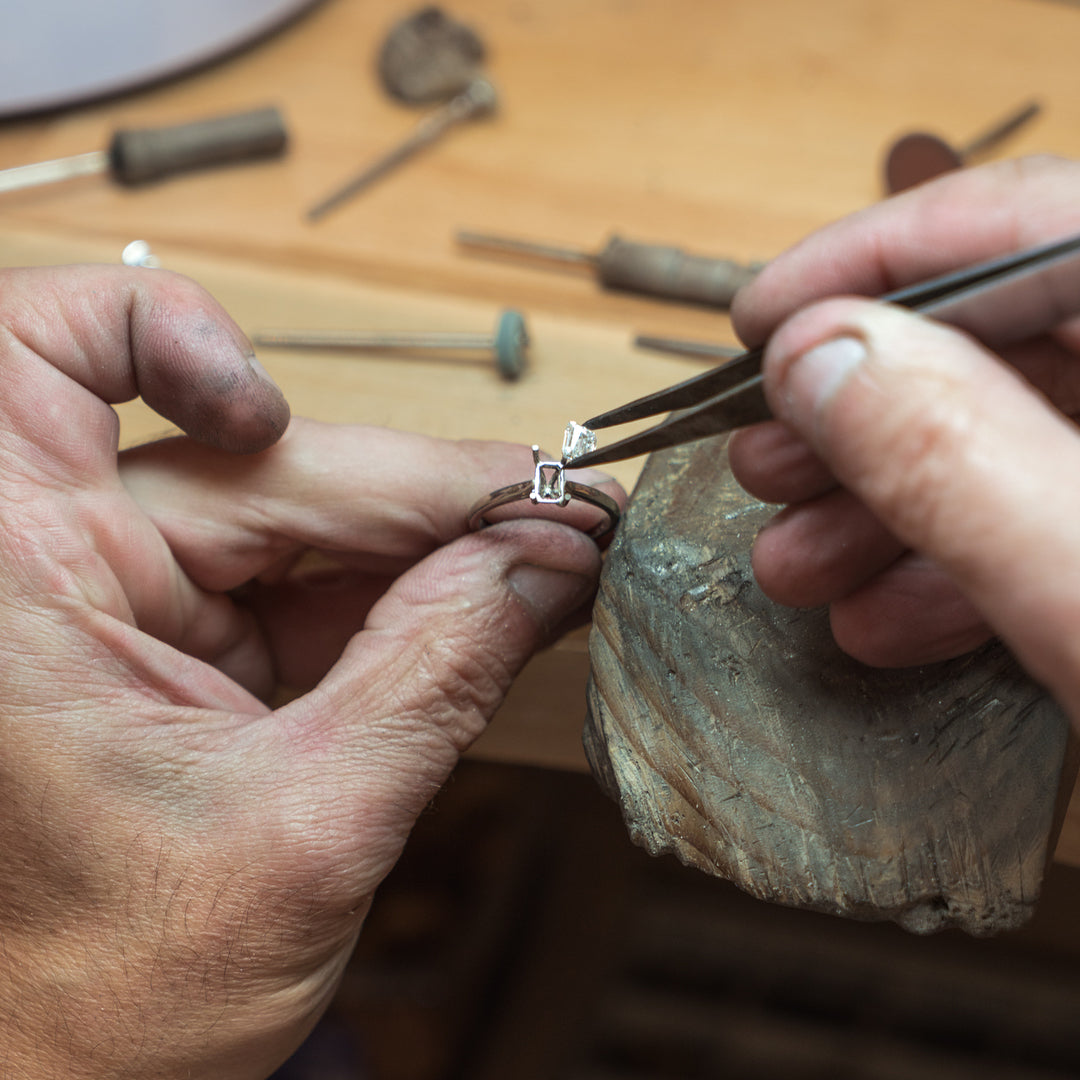 Emerald cut engagement ring being hand made by Melbourne jeweller.