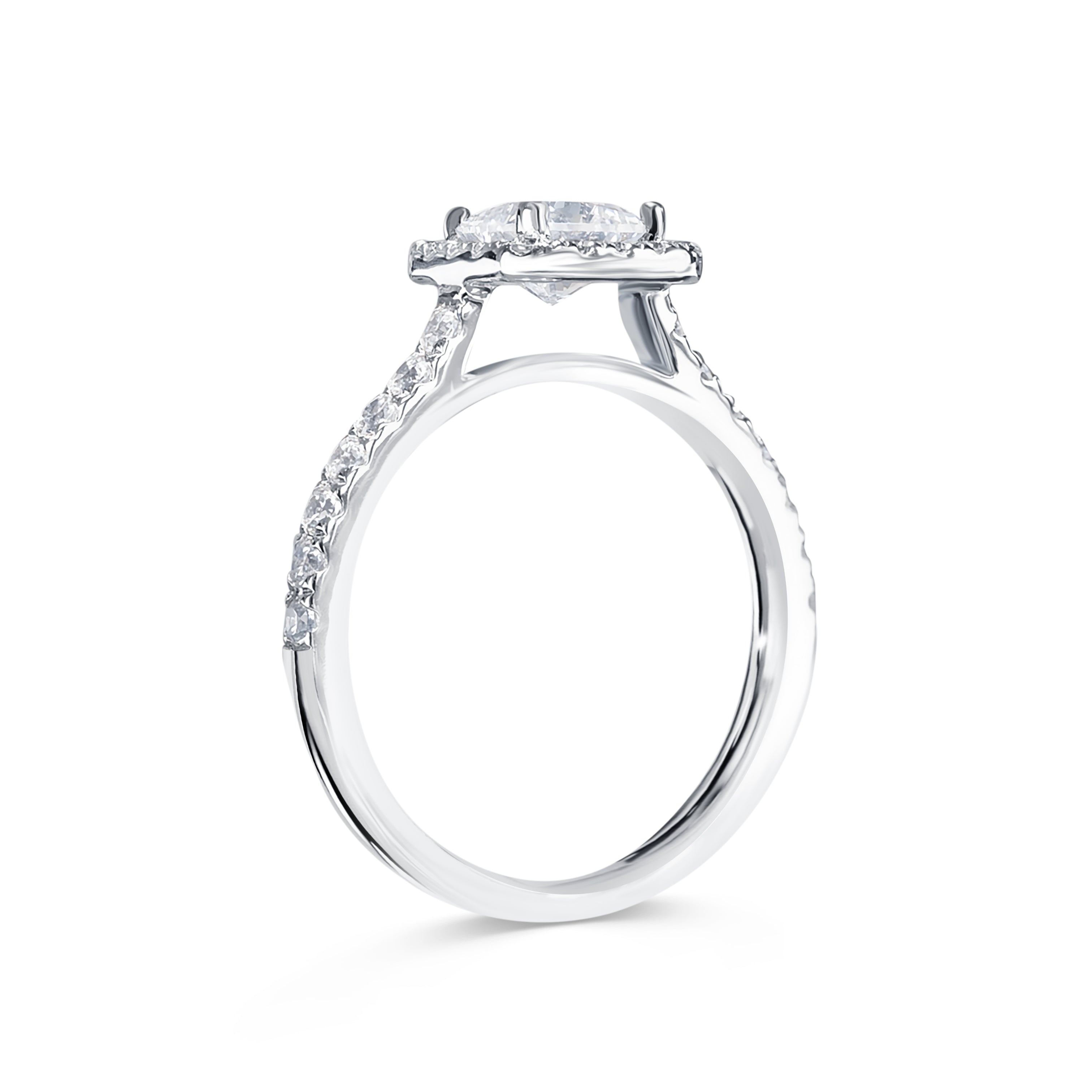 Kayla - Micheli Jewellery. white gold engagement ring with diamond pave band and swept up shoulders. engagement ring with floating setting. engagement ring with princess cut diamond as centre stone. ring profile. engagement ring profile. engagement ring side on. 