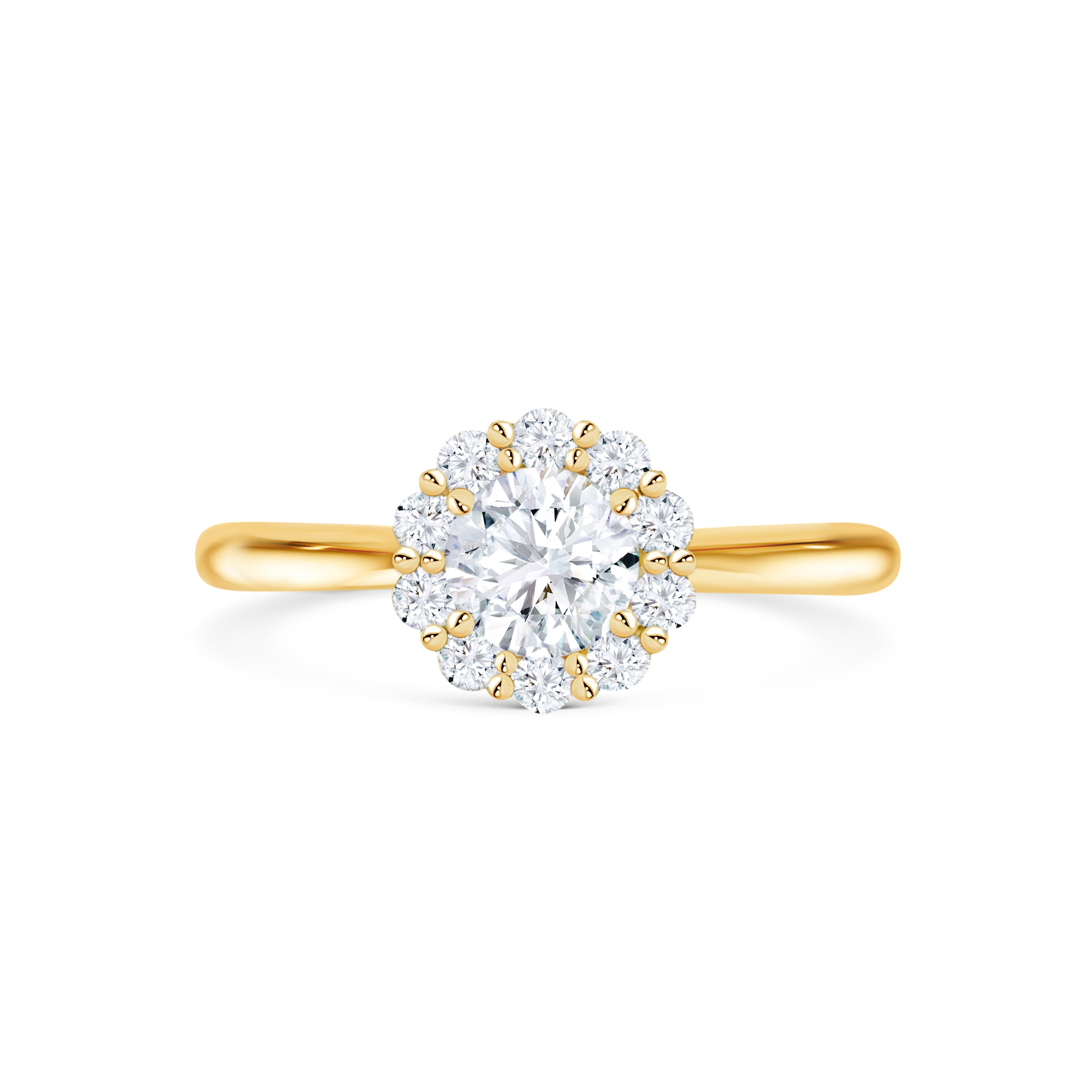 Micheli Jewellery | Custom Engagement Rings & Fine Jewellery | Round Brilliant cut diamond with a flower setting Halo set in 18K yellow gold